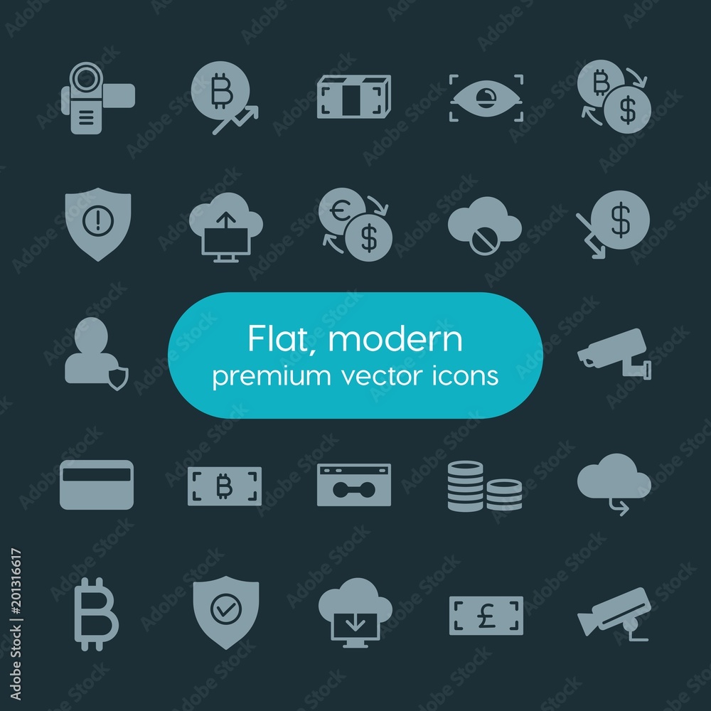 Poster modern simple set of money, cloud and networking, security, video vector fill icons. ..contains such
