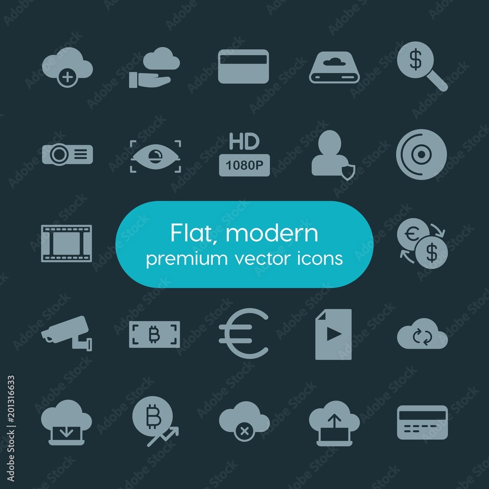 Poster modern simple set of money, cloud and networking, security, video vector fill icons. ..contains such