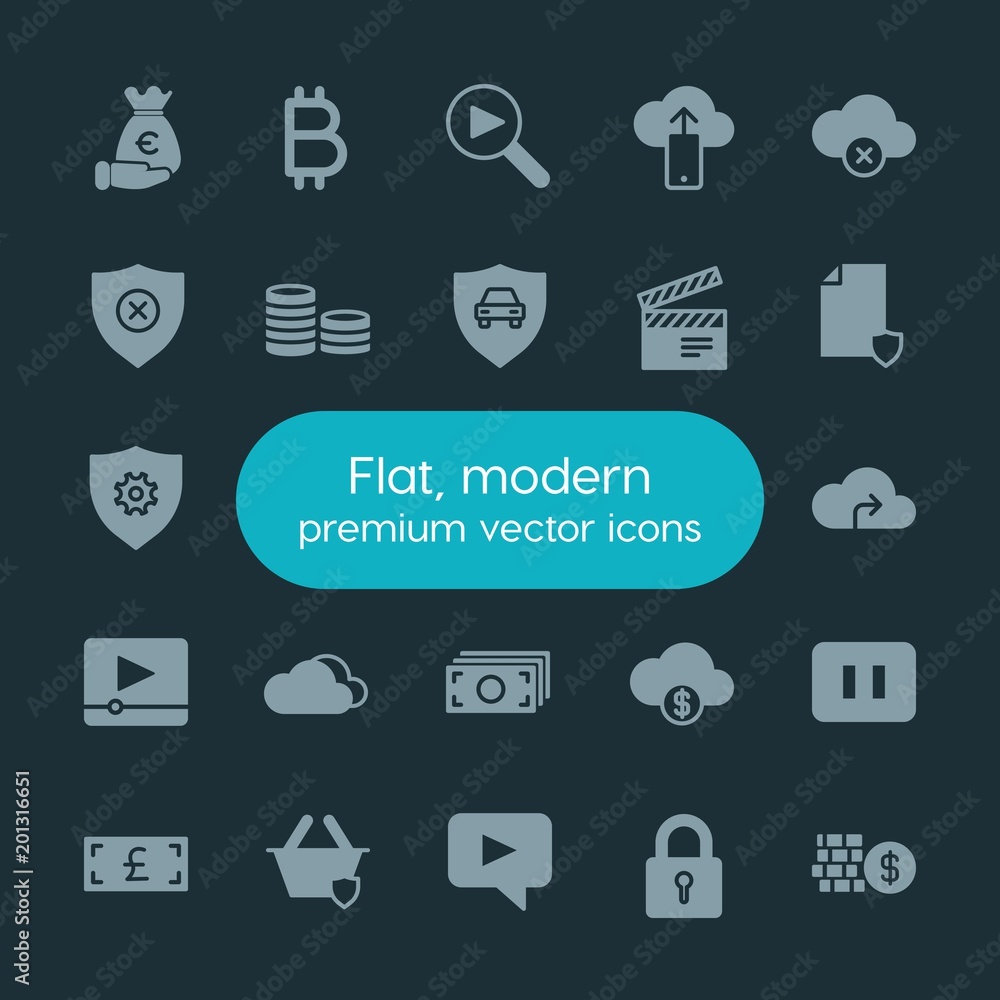 Poster modern simple set of money, cloud and networking, security, video vector fill icons. ..contains such
