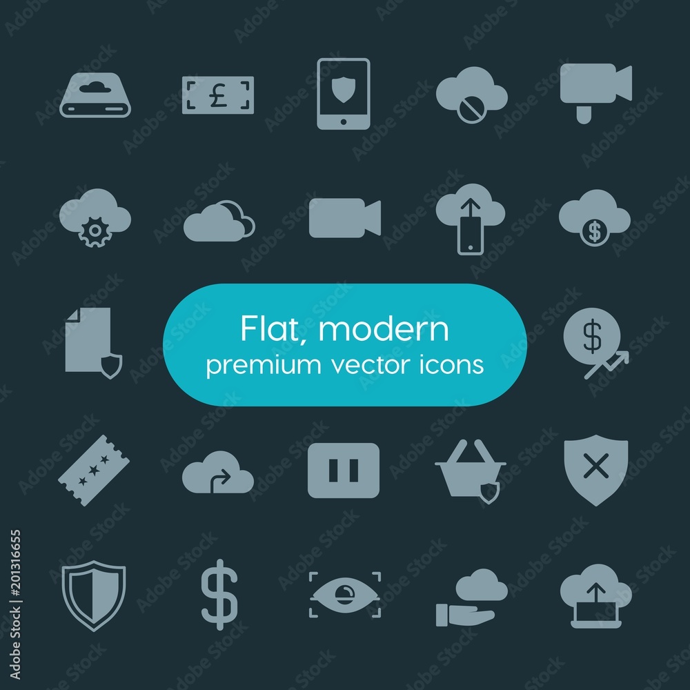 Poster modern simple set of money, cloud and networking, security, video vector fill icons. ..contains such