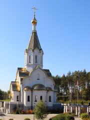 Russia, Smolensk, Temple, Church in Katyn in the summer against the blue clear sky