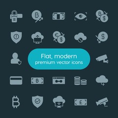 Modern Simple Set of money, cloud and networking, security, video Vector fill Icons. ..Contains such Icons as currency,  icon, camera, data and more on dark background. Fully Editable. Pixel Perfect.