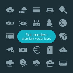 Modern Simple Set of money, cloud and networking, security, video Vector fill Icons. ..Contains such Icons as projector,  money, euro, data and more on dark background. Fully Editable. Pixel Perfect.