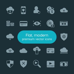 Modern Simple Set of money, cloud and networking, security, video Vector fill Icons. ..Contains such Icons as  video,  button,  social, euro and more on dark background. Fully Editable. Pixel Perfect.
