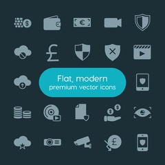 Modern Simple Set of money, cloud and networking, security, video Vector fill Icons. ..Contains such Icons as  computer,  web,  concept and more on dark background. Fully Editable. Pixel Perfect.