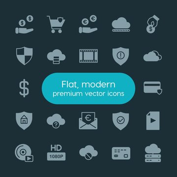 Modern Simple Set of money, cloud and networking, security, video Vector fill Icons. ..Contains such Icons as  background,  television, hd and more on dark background. Fully Editable. Pixel Perfect.
