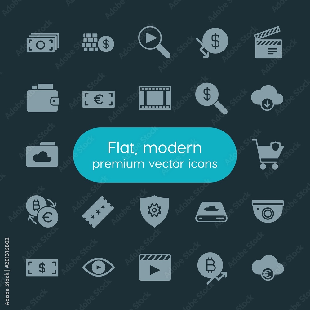 Poster modern simple set of money, cloud and networking, security, video vector fill icons. ..contains such