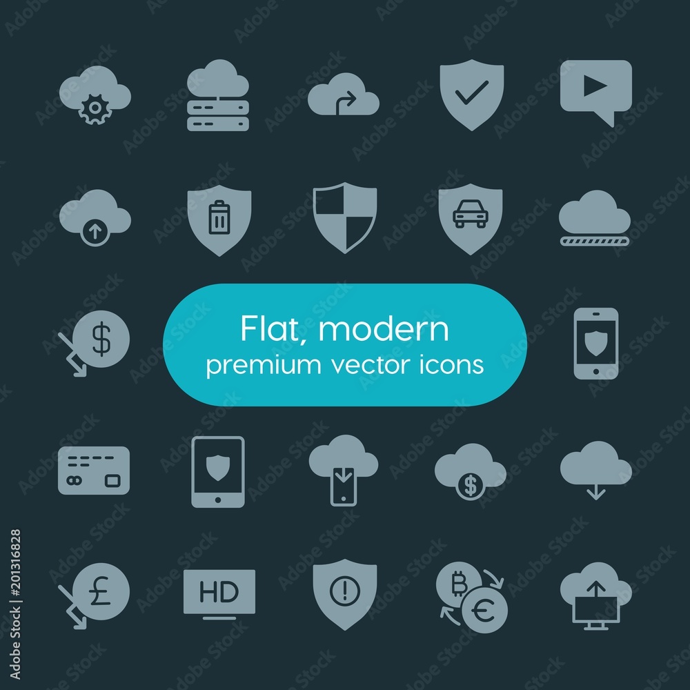 Poster modern simple set of money, cloud and networking, security, video vector fill icons. ..contains such
