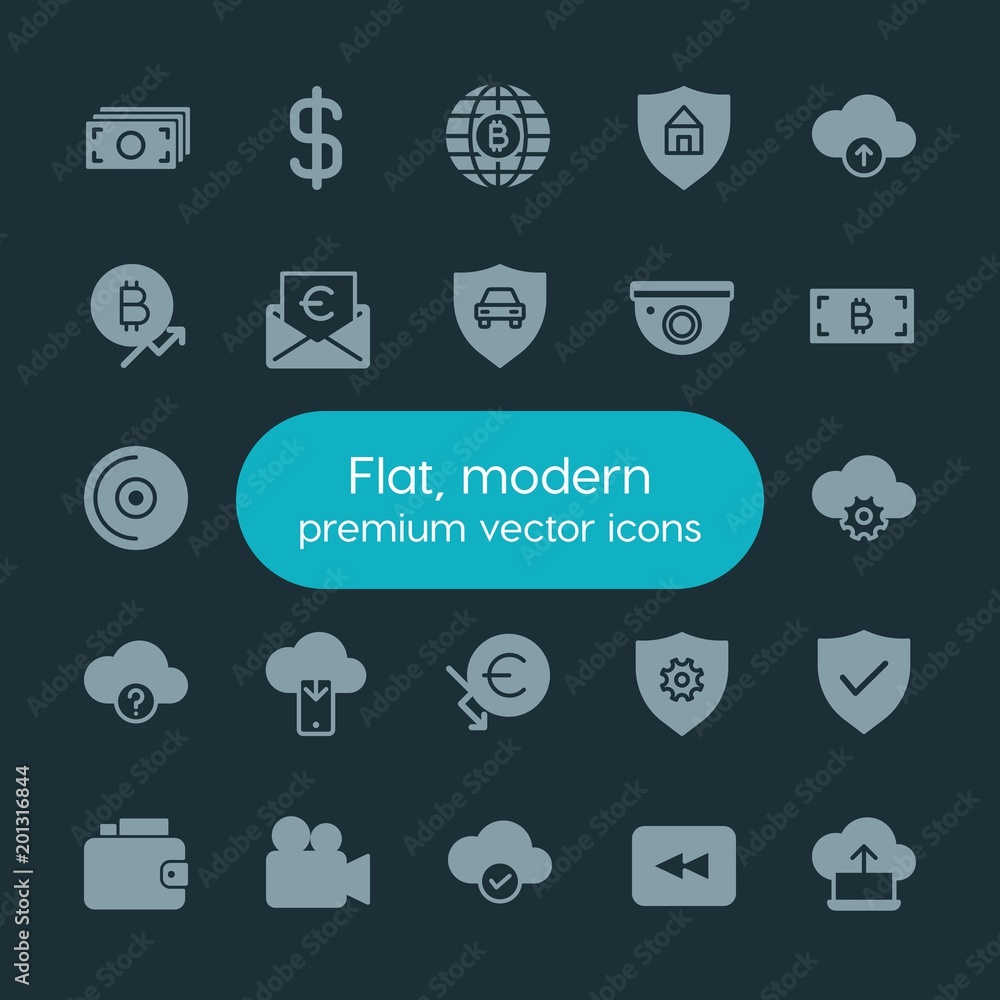 Poster modern simple set of money, cloud and networking, security, video vector fill icons. ..contains such