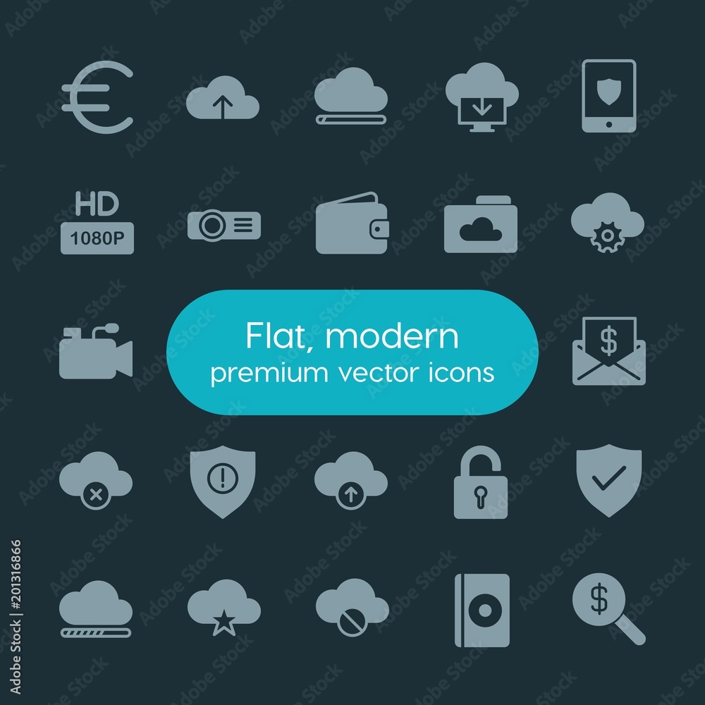 Poster modern simple set of money, cloud and networking, security, video vector fill icons. ..contains such