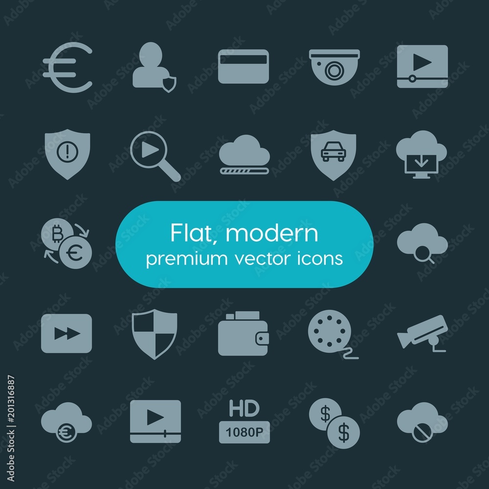 Poster modern simple set of money, cloud and networking, security, video vector fill icons. ..contains such