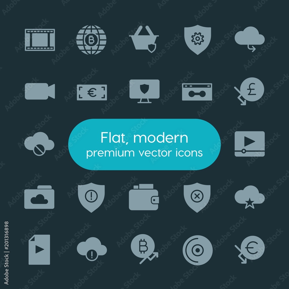 Poster modern simple set of money, cloud and networking, security, video vector fill icons. ..contains such