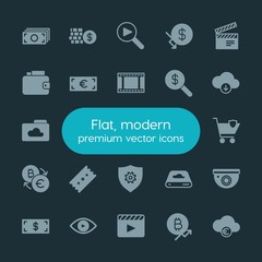 Modern Simple Set of money, cloud and networking, security, video Vector fill Icons. ..Contains such Icons as  symbol,  movie, technology and more on dark background. Fully Editable. Pixel Perfect.