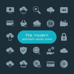 Modern Simple Set of money, cloud and networking, security, video Vector fill Icons. ..Contains such Icons as player,  plastic,  white,  sky and more on dark background. Fully Editable. Pixel Perfect.