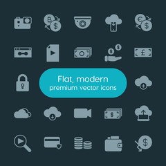 Modern Simple Set of money, cloud and networking, security, video Vector fill Icons. ..Contains such Icons as  finance,  cash,  investment and more on dark background. Fully Editable. Pixel Perfect.