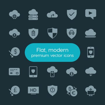 Modern Simple Set of money, cloud and networking, security, video Vector fill Icons. ..Contains such Icons as finance,  television,  phone and more on dark background. Fully Editable. Pixel Perfect.