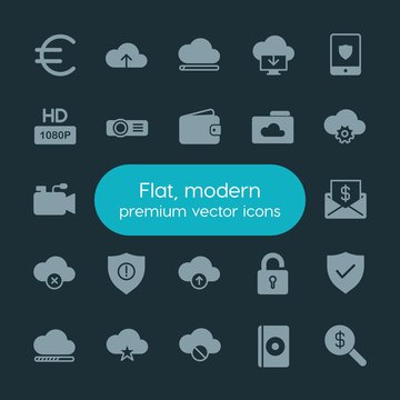 Modern Simple Set of money, cloud and networking, security, video Vector fill Icons. ..Contains such Icons as  security,  lock,  currency and more on dark background. Fully Editable. Pixel Perfect.