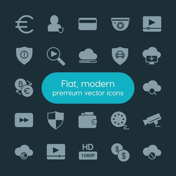 Modern Simple Set of money, cloud and networking, security, video Vector fill Icons. ..Contains such Icons as  search,  money, error, movie and more on dark background. Fully Editable. Pixel Perfect.