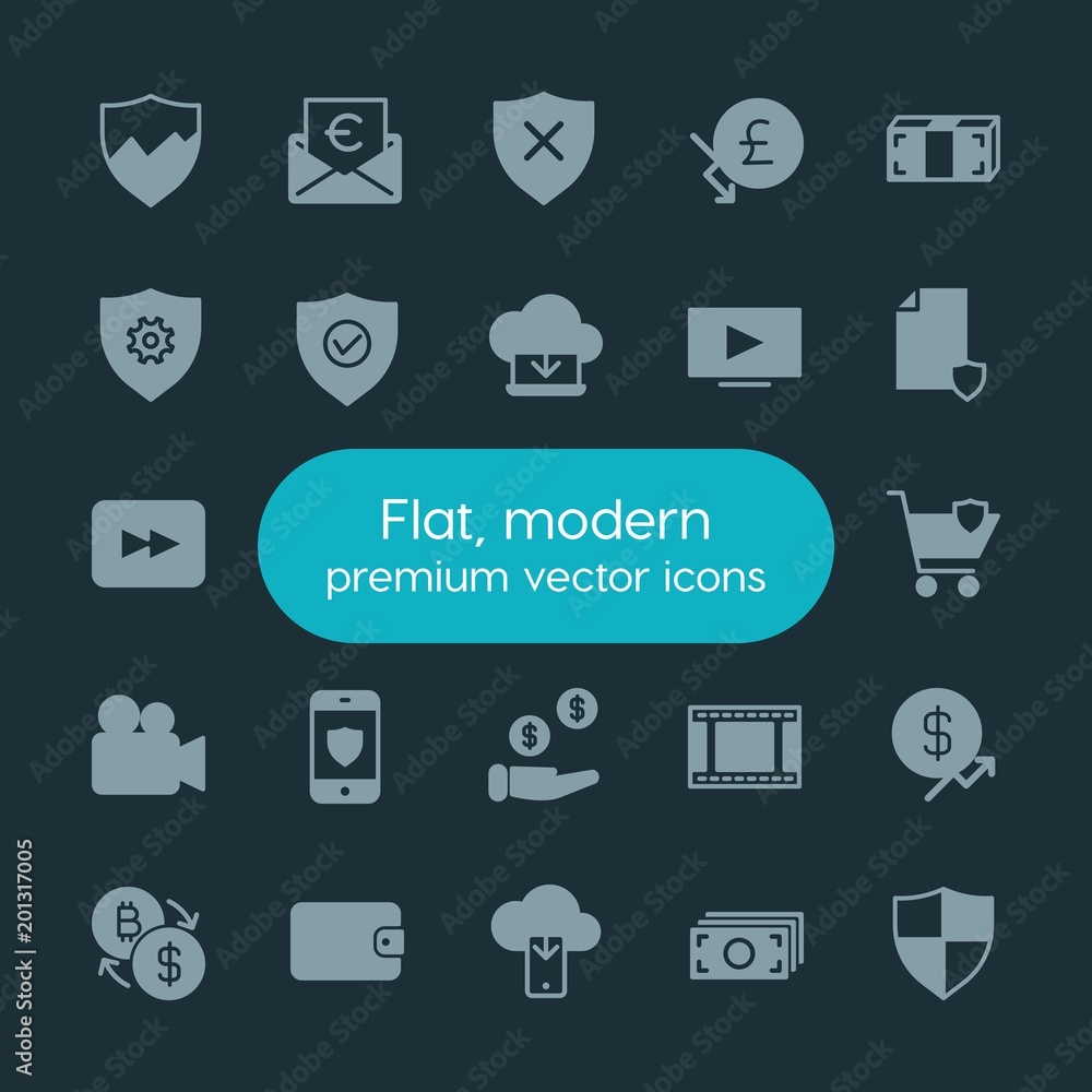 Poster modern simple set of money, cloud and networking, security, video vector fill icons. ..contains such