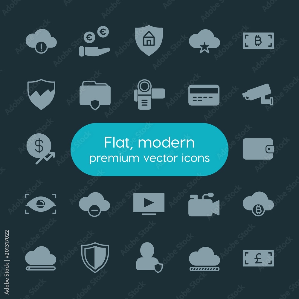 Poster modern simple set of money, cloud and networking, security, video vector fill icons. ..contains such