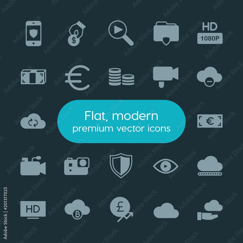 Poster modern simple set of money, cloud and networking, security, video vector fill icons. ..contains such