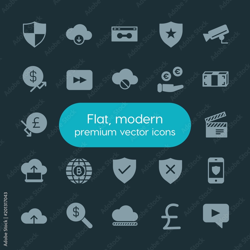 Poster modern simple set of money, cloud and networking, security, video vector fill icons. ..contains such