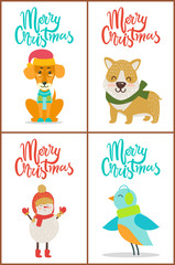 Obraz na płótnie Canvas Merry Christmas Collection Dog Snowman Bird Puppy