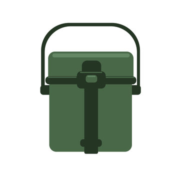 Green army billycan. Vector flat icon illustration, isolated image on white background.