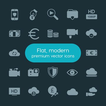 Modern Simple Set of money, cloud and networking, security, video Vector fill Icons. ..Contains such Icons as  cash,  high,  business,  blue and more on dark background. Fully Editable. Pixel Perfect.