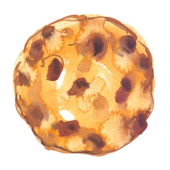 Single big chocolate chip cookie painted in watercolor on clean white background - obrazy, fototapety, plakaty
