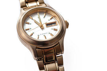 Classic design wristwatch on white background
