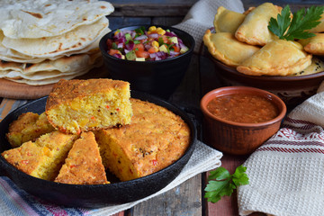 Cornbread and other mexican food - tacos, salsa with tomato, red onion, lime, cilantro, corn and hot pepper sauce, empanadas. Copy space.