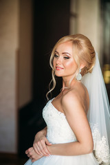 Portrait of a bride in a wedding dress. The bride dresses in the hotel