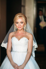 First meet groom and bride in wedding morning