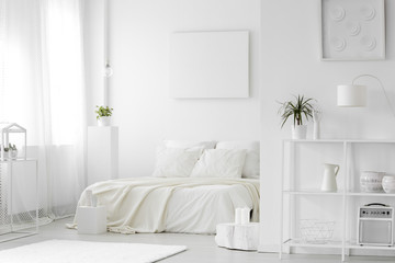 Cozy, white bedroom interior - obrazy, fototapety, plakaty