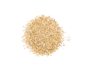 Pile of oat flakes, heap of uncooked ripe oat ears grains, oatmeal, isolated on white background, top view, healthy food