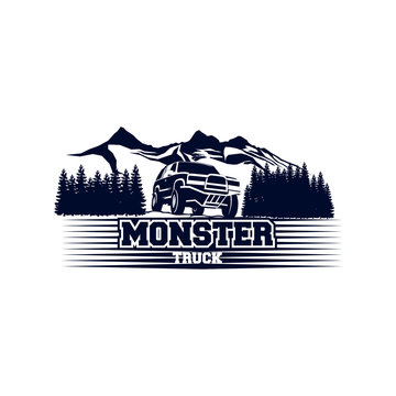 Monster Truck Logo Badge, Off Road Car Logo with Mountain and forest Symbol