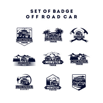 Set of Monster Truck Logo Badge, Off Road Car Logo with Mountain and Forest vector illustration