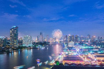 Bangkok skyline New Year firework celebration.