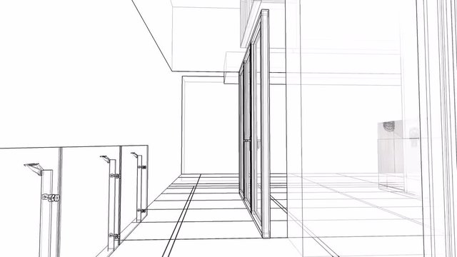 Construction of a residential building with a territory and a swimming pool. 3d graphics in lines with transparent walls