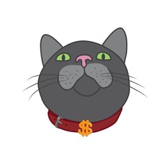 The muzzle of the cat that looks up. The dollar is on the collar. Cute vector illustration.