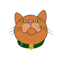 The muzzle of the cat that looks up. The dollar is on the collar. Cute vector illustration