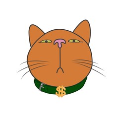 The muzzle of a cat that looks down. The dollar is on the collar. Vector illustration