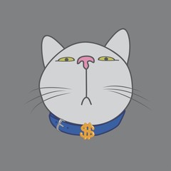 The muzzle of a cat that looks down. The dollar is on the collar. Vector illustration
