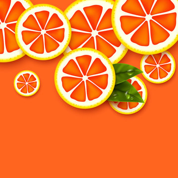 Grapefruit background. Sliced grapefruits pieces with leaves and water drop. Vector illustration.