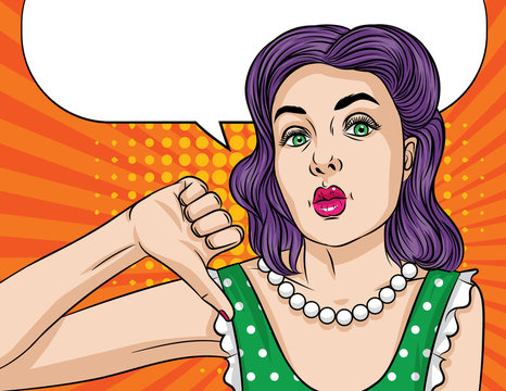 Vector pop art comic style illustration of a beautiful young woman keep finger down. retro style girl showing dislike