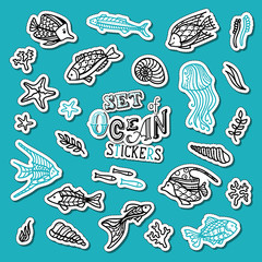 Vector set of doodles ocean patches, stickers, embroidery and sticky labels.