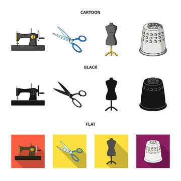 Manual sewing machine, scissors, maniken, thimble.Sewing or tailoring tools set collection icons in cartoon,black,flat style vector symbol stock illustration web.