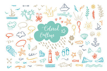 Vector hand-drawn colored outline clipart on sea / ocean / summer theme.