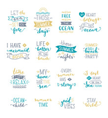 Hand-drawn illustrated lettering quotes about sea / ocean / summer.